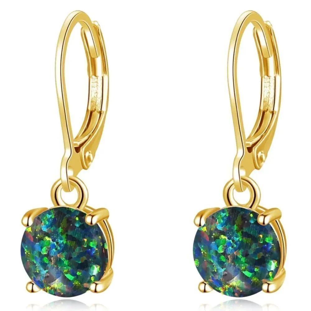 14K Yellow Gold with Round Genuine Black and Green Fire Opal Leverback Earrings